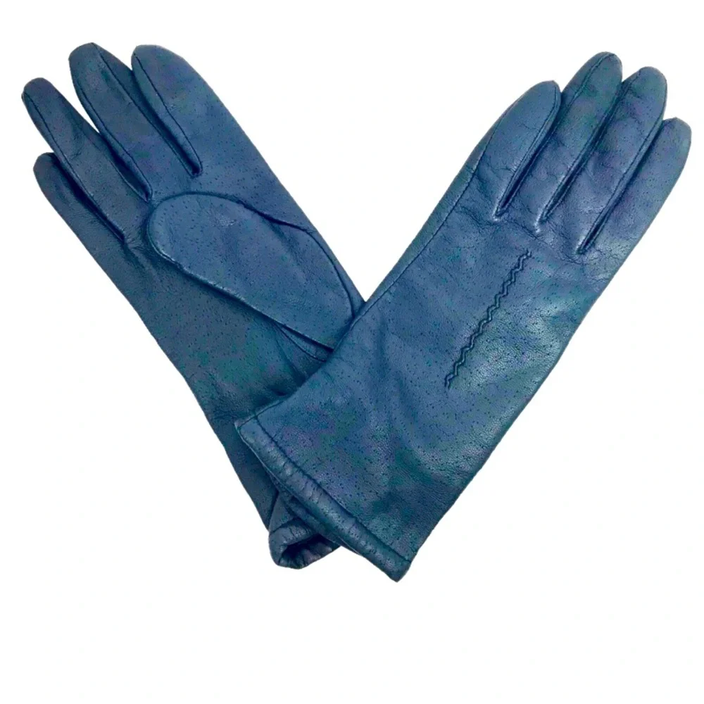 Fownes Womens Hand Crafted Perforated Leather Gloves 7 Blue Lined NWOT